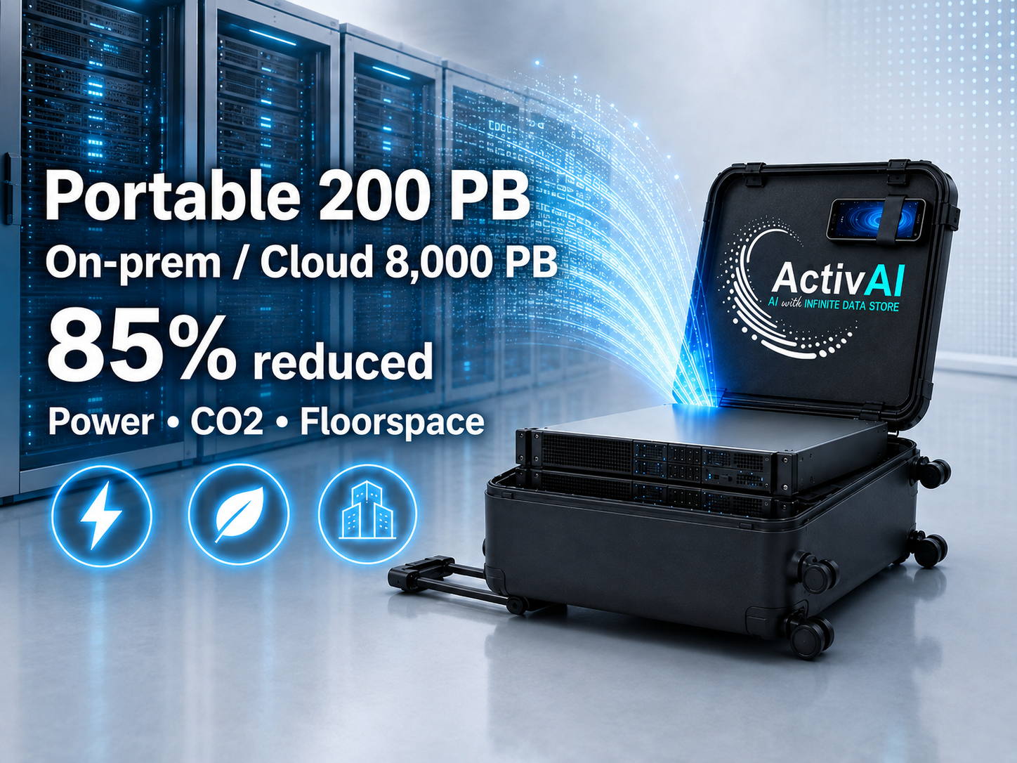 ActivAI portable 200 PB system with server racks, efficiency icons, and data-center-to-portable-system flow